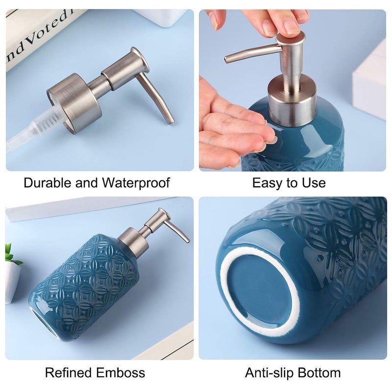 FE FUN ELEMENTS FE Soap Dispenser, 13.5oz Ceramic Soap Dispenser with Vintage Emboss Design, Refillable for Kitchen & Bathroom (Blue) - Image 3